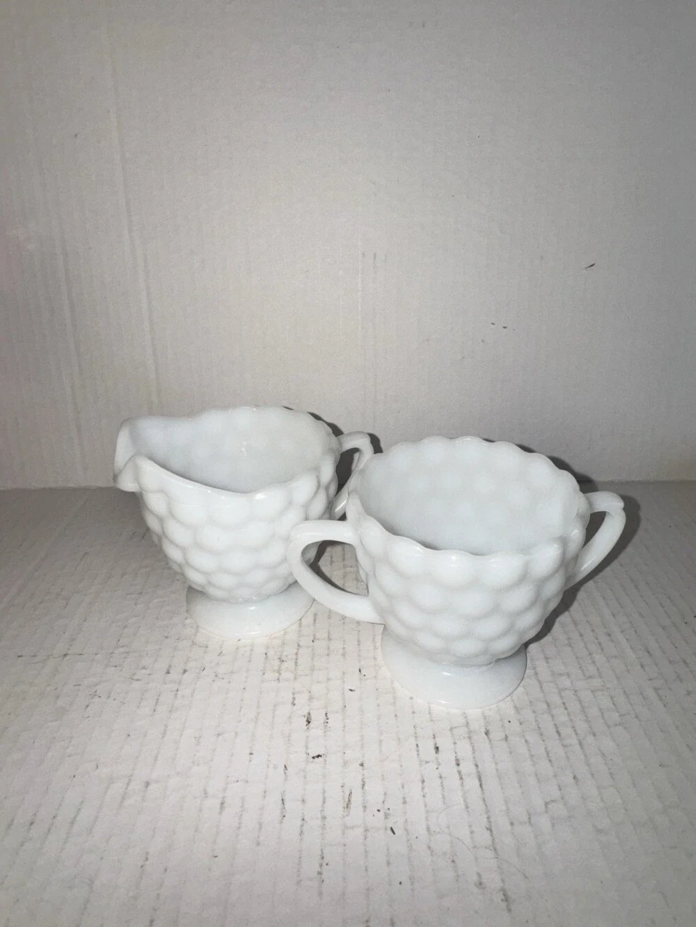 Vintage Westmoreland Beaded Grape Milk Glass Creamer Open Sugar Bowl Set